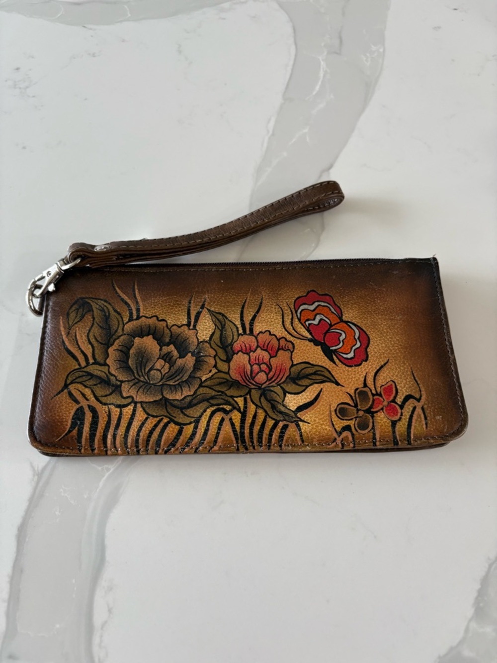 Hand-Painted Floral Wristlet Clutch in Brown